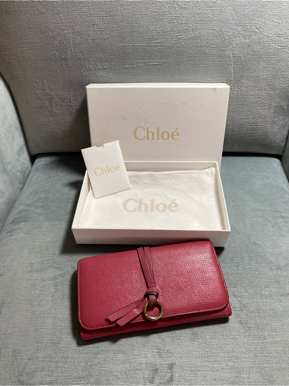 Chloé Authentic Berry-Red Pebbled Leather Wallet, Long Flap EUC,Box and Dust Bag